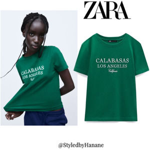 ZARA EMBROIDERED TEXT T-SHIRT  GREEN  CALABASAS LOS ANGELES